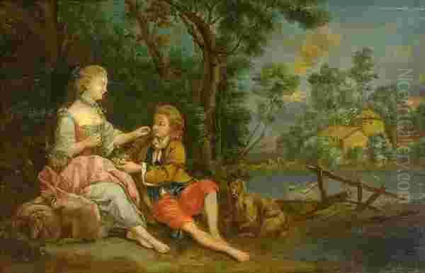 Jeune Couple Assis Sous Des 
Frondaisons En Train De Manger Duraisin : Pensent-ils Au Raisin Oil Painting by Francois Boucher