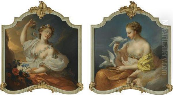 Two Allegories: A Young Lady With Flowers And A Young Lady Withwhite Doves Oil Painting by Francois Boucher