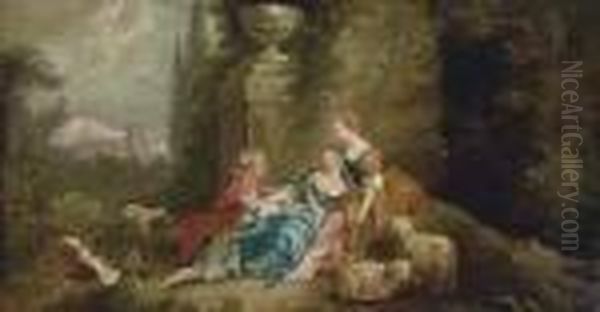 Elegant Figures By A Fountain In A Landscape Oil Painting by Francois Boucher