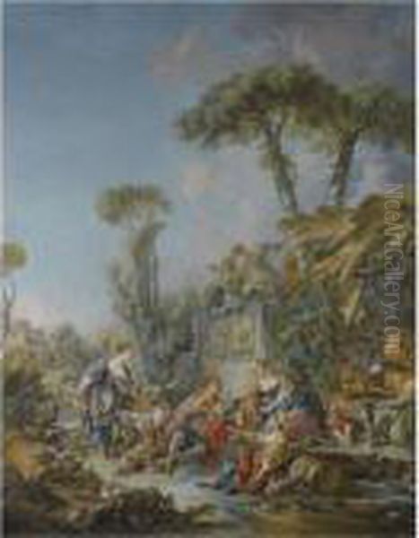 A Pastoral Scene With Herders Resting On A Path With Theiranimals Oil Painting by Francois Boucher