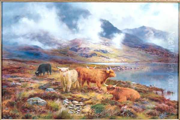 Highland Cattle by a Loch 2 Oil Painting by Louis Bosworth Hurt