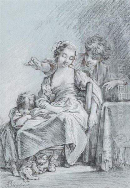 A Young Mother With A Toddler And A Young Boy At Atable Oil Painting by Francois Boucher