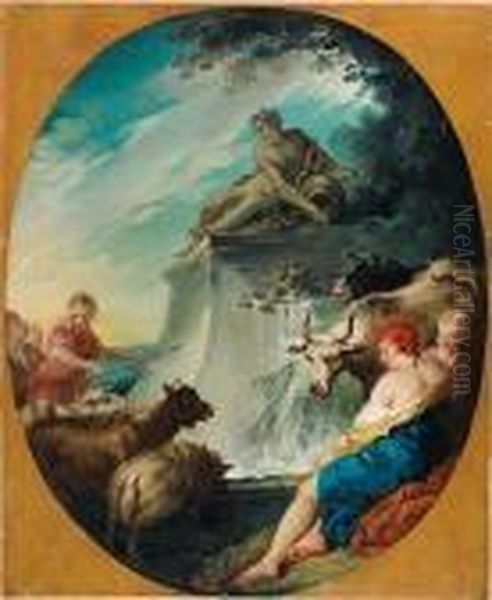 Les Bergers A La Fontaine Oil Painting by Francois Boucher