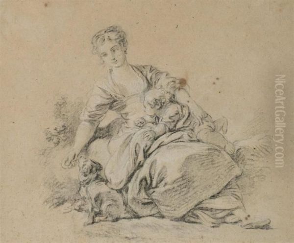 Paysanne Assise Avec Un Enfant Nourrissant Un Chien Oil Painting by Francois Boucher