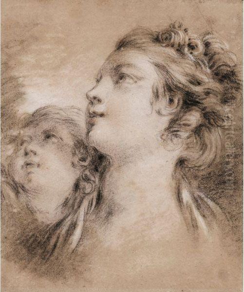 Etude Pour Les Visages D'une Jeune Femme Et D'un Putto,regardant Vers La Gauche Oil Painting by Francois Boucher