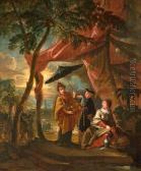 Three Oriental Figures Under A Pavillion In A Garden Oil Painting by Francois Boucher