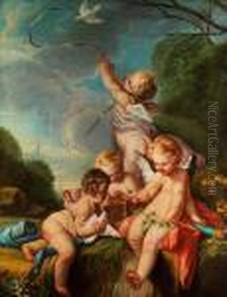 Amorknabe Im Kreis Von Amoretten Mitvogelkafig Oil Painting by Francois Boucher