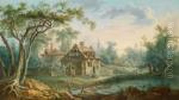 Nachfolger Bewaldete Landschaft Mit Hausern An Einem Bach Und Figuren Oil Painting by Francois Boucher