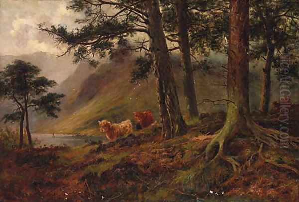 Highland Cattle In A Loch Landscape Oil Painting by Louis Bosworth Hurt