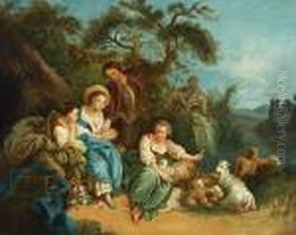 Shepherdesses And Sheep By A Fountain Oil Painting by Francois Boucher