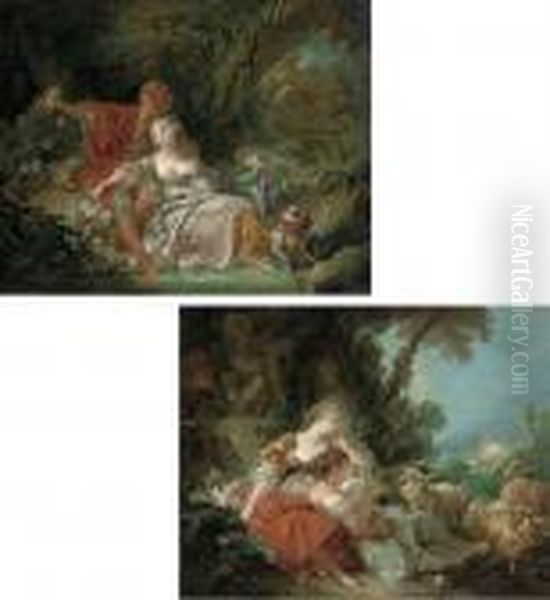 An Amorous Couple In A Wooded Landscape By A Fountain Oil Painting by Francois Boucher