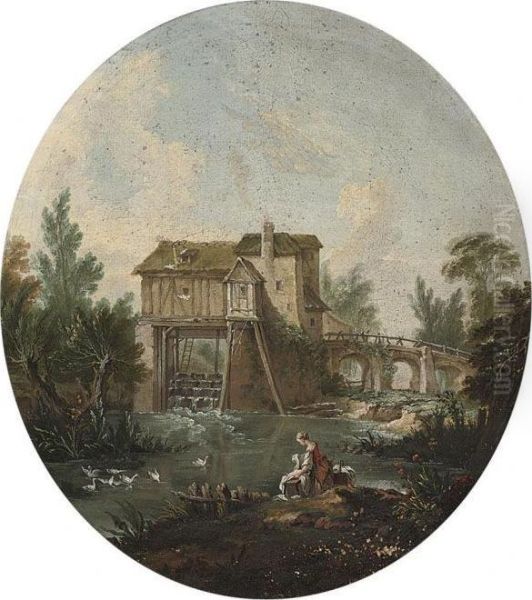 A River Landscape Oil Painting by Francois Boucher