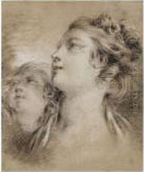 Study Of The Heads Of A Young Woman And A Putto, Looking Up To The Left Oil Painting by Francois Boucher