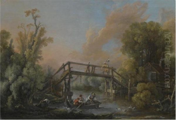 A River Landscape With A Woman 
Crossing A Bridge And Three Men In A Boat On The River Below Oil Painting by Francois Boucher