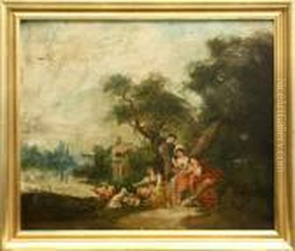 Figures And Sheep Gathering By The Water Oil Painting by Francois Boucher