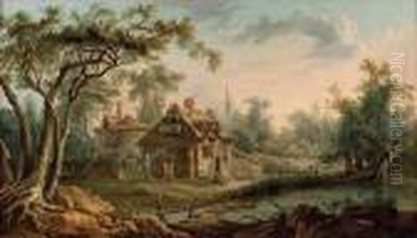 Landschaft Mit Bauernhausern Und Staffage Oil Painting by Francois Boucher