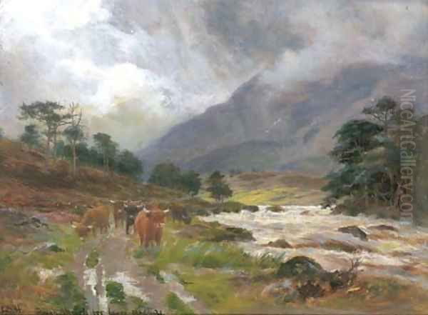 Highland cattle on a riverside path Oil Painting by Louis Bosworth Hurt