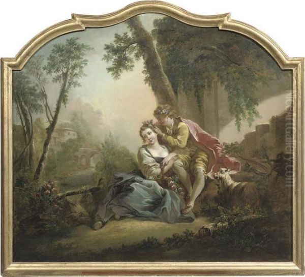 An Elegant Couple In A Pastoral Landscape Oil Painting by Francois Boucher