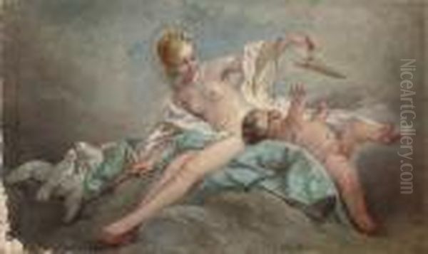 Venus And Cupid On A Cloud Oil Painting by Francois Boucher