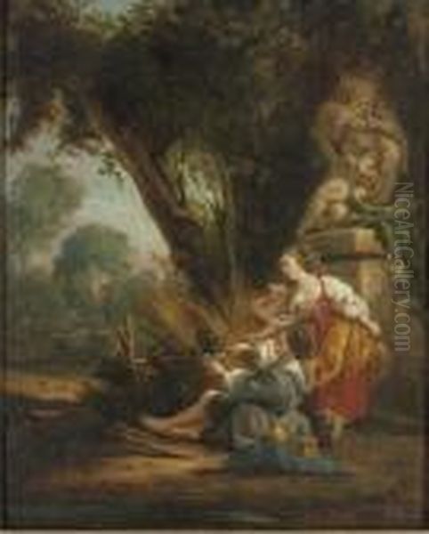 Figures Releasing A Bird In A Classical Landscape Oil Painting by Francois Boucher