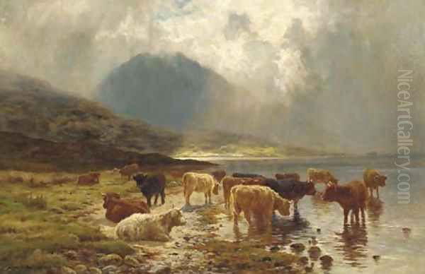 Highland cattle watering by a loch Oil Painting by Louis Bosworth Hurt