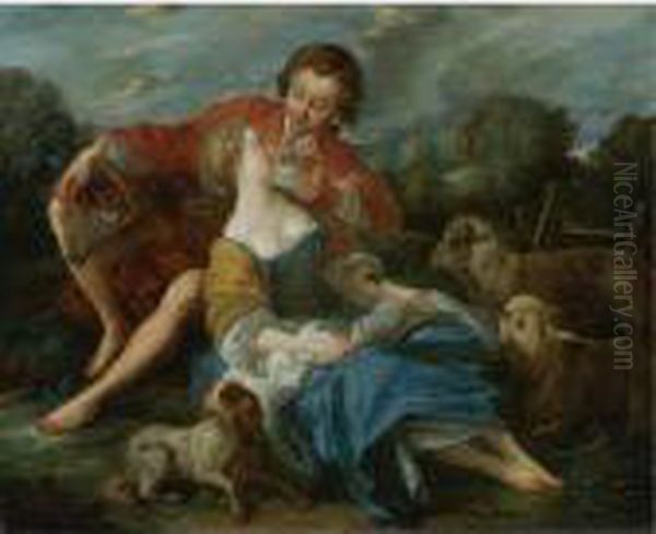 Reclining Figures With Sheep In A Landscape Oil Painting by Francois Boucher