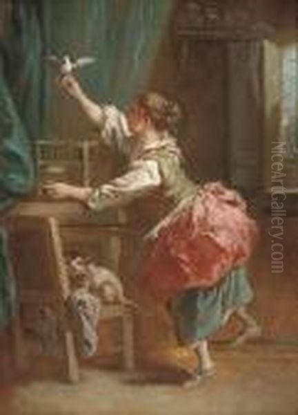 An Interior With A Girl Letting A Dove Out Of Its Cage Oil Painting by Francois Boucher