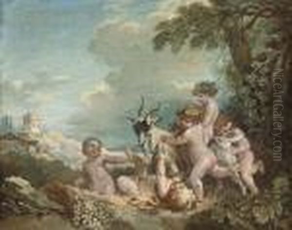 Putti Disporting In A Landscape Oil Painting by Francois Boucher