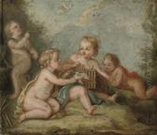 Putti Disporting With Doves Oil Painting by Francois Boucher