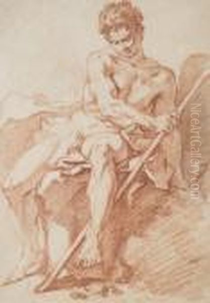 Academie D'homme Nu Assis Tenant Un Baton Oil Painting by Francois Boucher