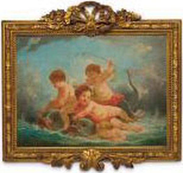 Putti Che Giocano Con Delfini Oil Painting by Francois Boucher