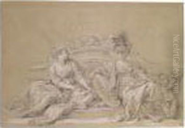 A Decorative Design With Minerva And History Attended By A Putto Oil Painting by Francois Boucher