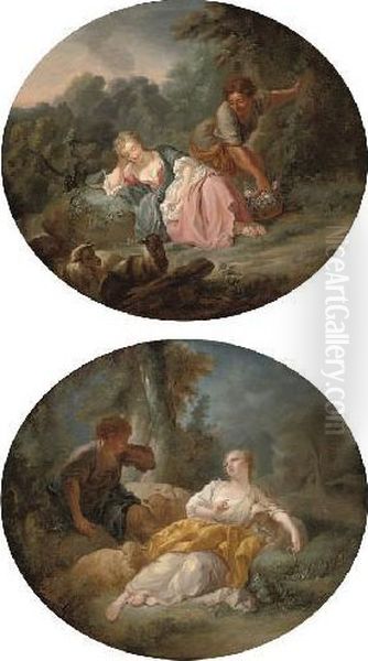 A Shepherd Courting A 
Shepherdess; And A Shepherd And A Sleeping Shepherdess In A Landscape Oil Painting by Francois Boucher