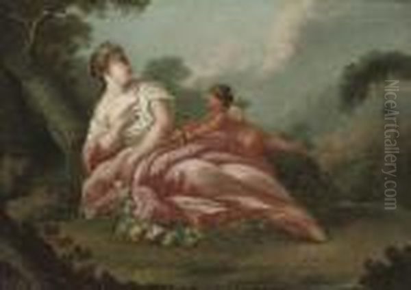 A Wooded Landscape With A Putto 
Adorning A Reclining Female Figure With A Garland Of Flowers Oil Painting by Francois Boucher