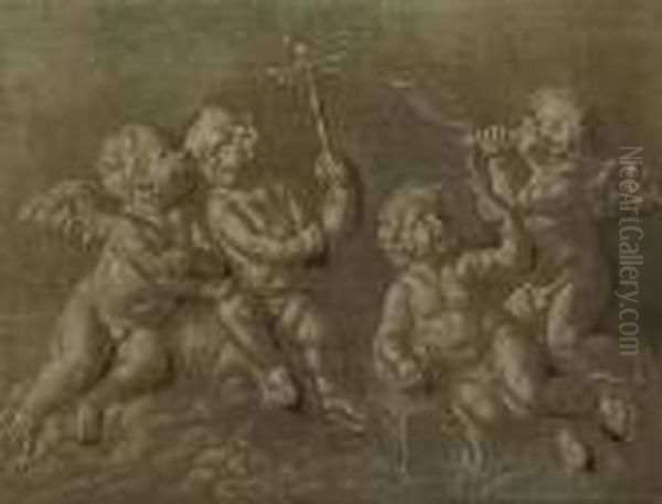 Four Putti Merrymaking In A Landscape: En Grisaille Oil Painting by Francois Boucher