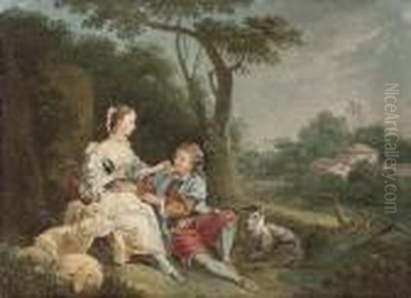 A Wooded River Landscape With A Swain Courting A Shepherdess Oil Painting by Francois Boucher