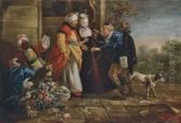 A Turkish Gentleman And A Lady 
Refusing Hospitality To A Traveller And His Dog, With A Young African 
Boy Holding A Monkey On A Lead Oil Painting by Francois Boucher