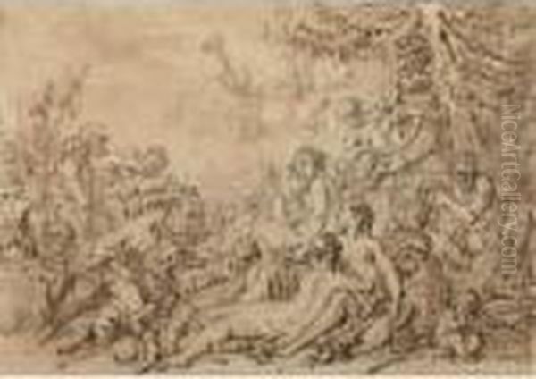 Nymphs, Satyrs, And Putti With Silenus Near An Altar To Pan Oil Painting by Francois Boucher