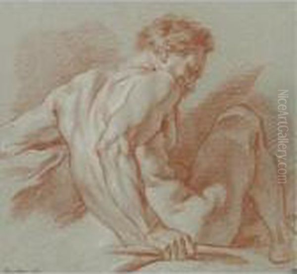 A Seated Male Academy Nude, Holding A Staff, Seen From The Side Oil Painting by Francois Boucher