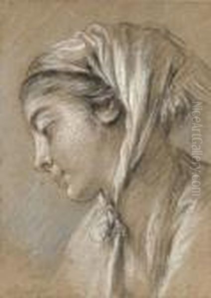 Head Of A Girl Looking Down To The Left Wearing A Scarf Oil Painting by Francois Boucher