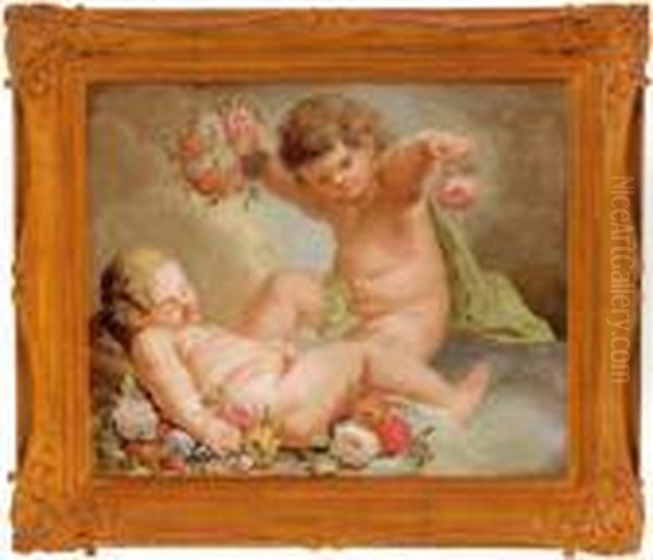 Putti Che Giocano E Fiori Oil Painting by Francois Boucher