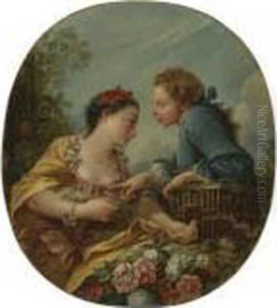 A Young Woman And Youth Placing Young Birds In A Cage: 