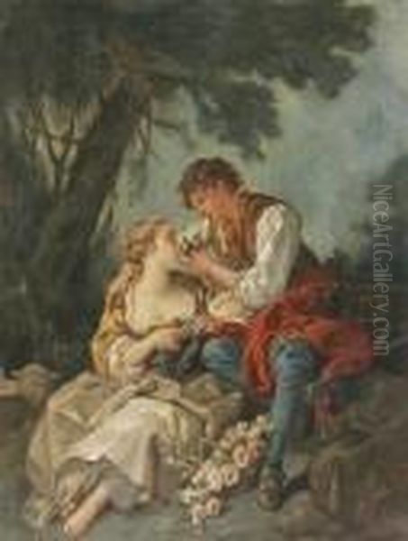 Couple Avec Oiseau Oil Painting by Francois Boucher