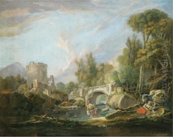 A Pastoral Landscape With 
Travellers Resting And Paddling In A Stream Before A Bridge, A Ruin 
Beyond Oil Painting by Francois Boucher