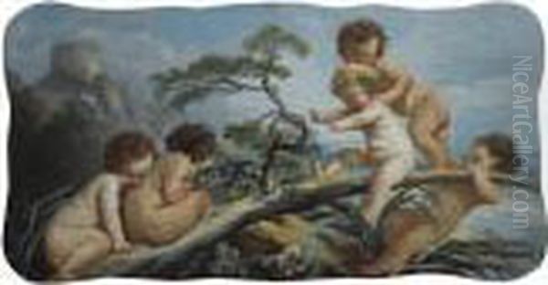 Putti Playing Seesaw On A Branch (la Balancoire) Oil Painting by Francois Boucher