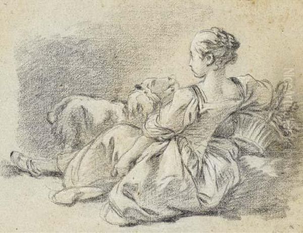 Jeune Fille Assise A La Corbeille Avec Un Mouton Oil Painting by Francois Boucher