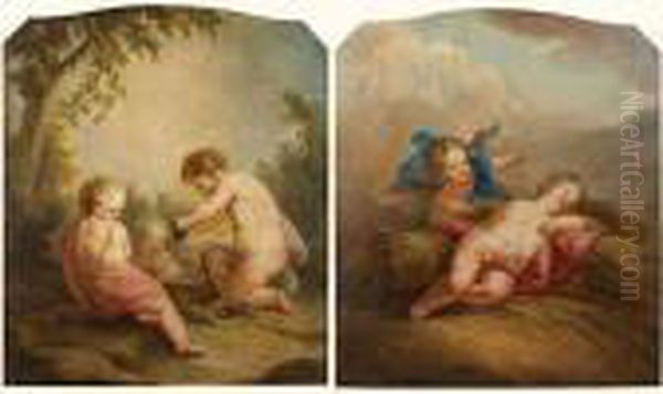 Suite De Quatre Dessus De Portes Representant Putti Et Angelots
 Symbolisant Les Quatre Saisons Sur Fond De Paysage. Oil Painting by Francois Boucher