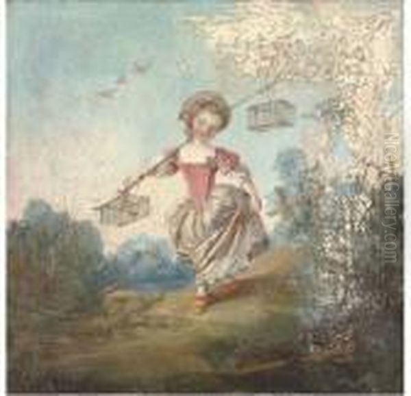 A Wooded Landscape With A Girl Carrying Birds Oil Painting by Francois Boucher