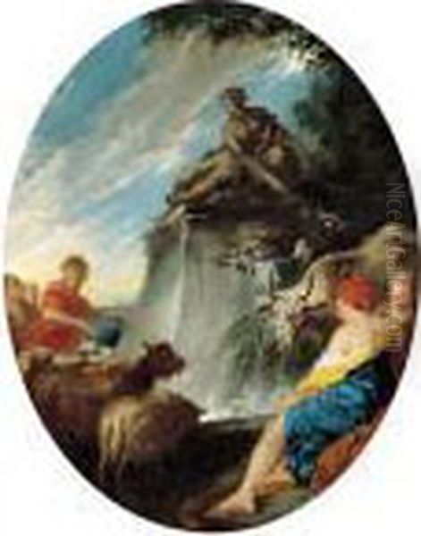 Les Bergers A La Fontaine Oil Painting by Francois Boucher