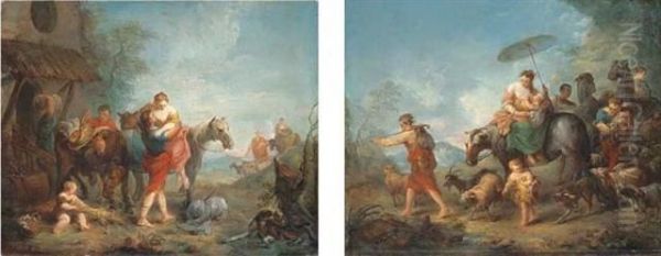 A Mountainous Landscape With 
Travellers Unloading By A House; And An Extensive Landscape With 
Travellers And Herdsmen On A Path Oil Painting by Francois Boucher